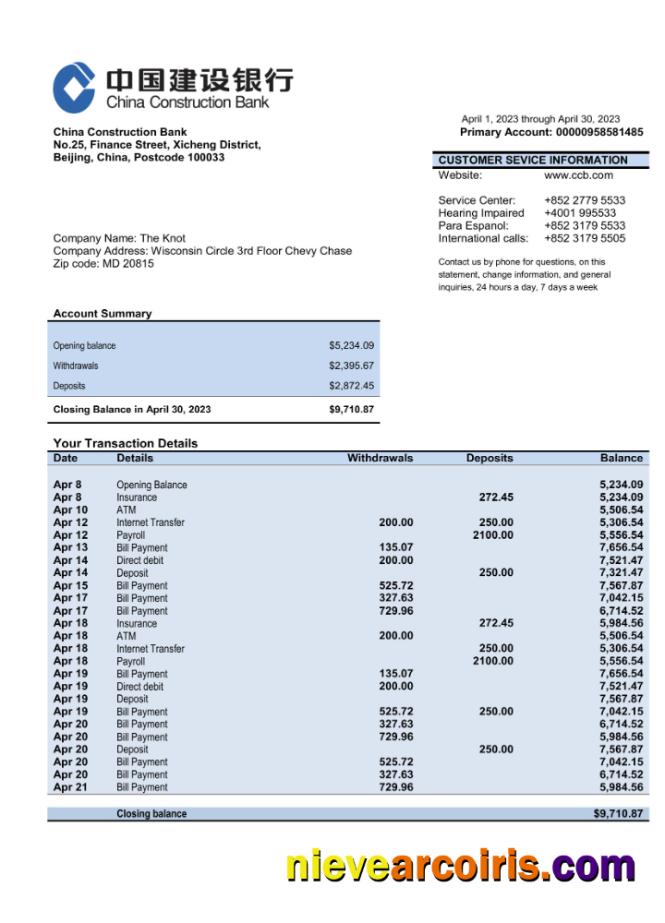 China Construction bank business account statement